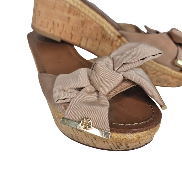 Tory Burch penny Leather Sole cork Wedge Sandals Bow Detail Size 6.5 Light Brown - Picture 2 of 12